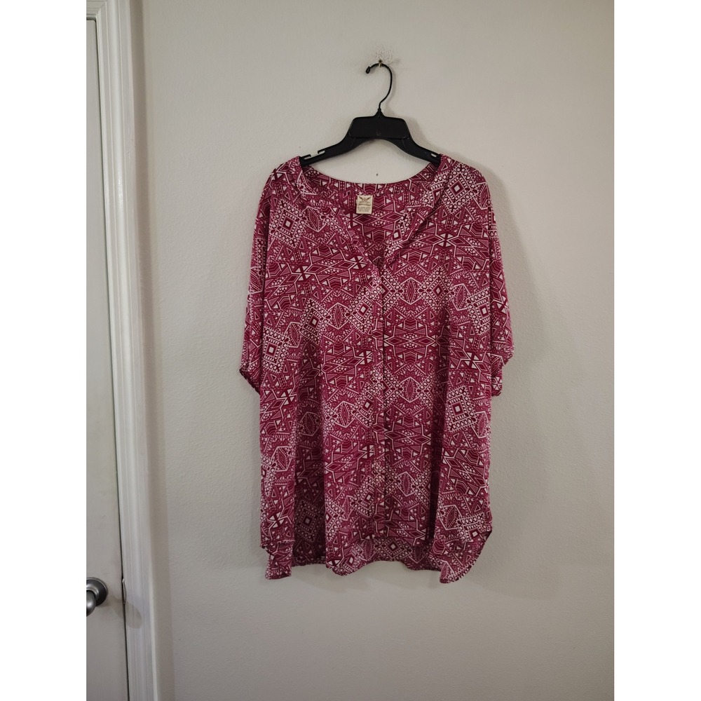 Faded Glory Womens 3X Plus Size Geometric Tribal Print Blouse Burgundy White